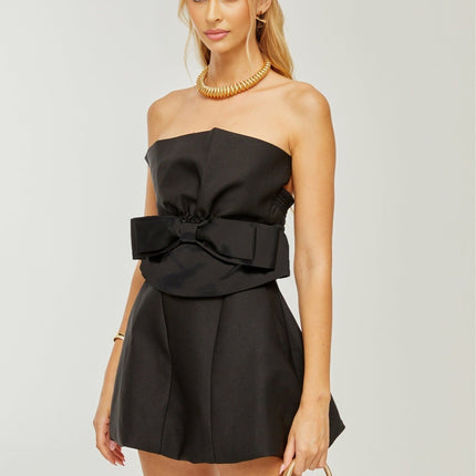 Simona Black Off-Shoulder Bowknot Pleated Mini Dress