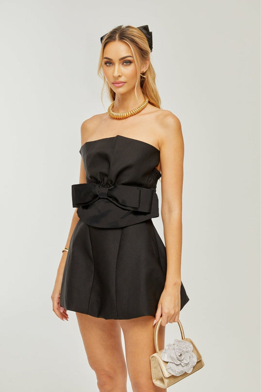Simona Black Off-Shoulder Bowknot Pleated Mini Dress