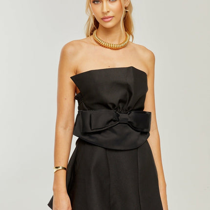 Simona Black Pleated Bowknot Off-Shoulder Mini Dress