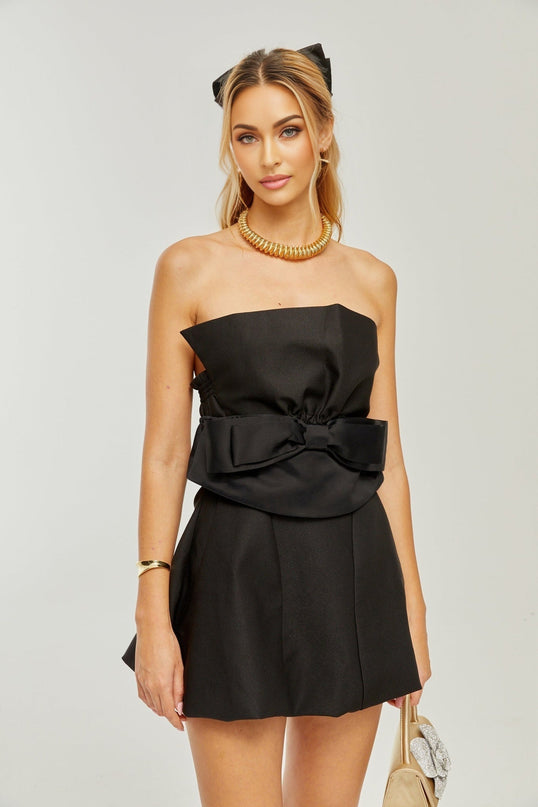 Simona Black Pleated Bowknot Off-Shoulder Mini Dress