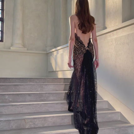 Simona Brown Leopard Print Maxi Dress with Lace and Sequin Embellishments