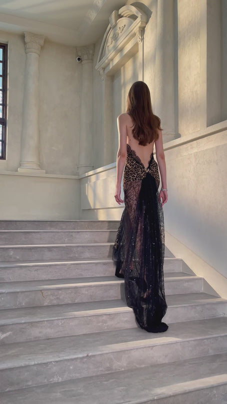 Simona Brown Leopard Print Maxi Dress with Lace and Sequin Embellishments