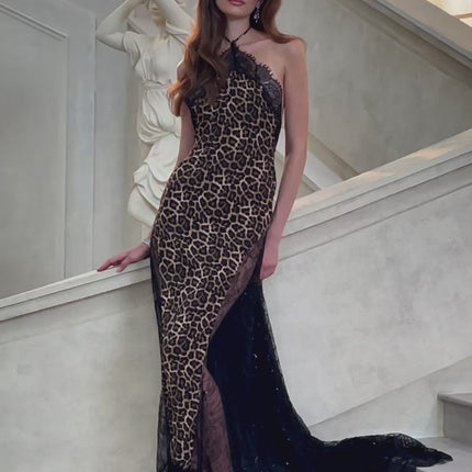 Simona Brown Leopard Print Maxi Dress with Floral Lace and Sequin Embellishments