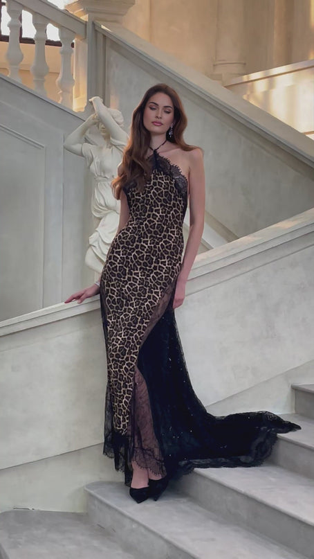 Simona Brown Leopard Print Maxi Dress with Floral Lace and Sequin Embellishments