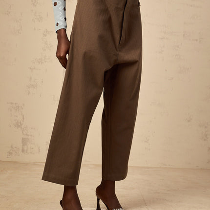 Simona Brown Wide Leg Cutout Cropped Trousers 100 Percent Cotton