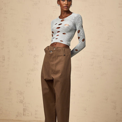Simona Brown Wide Leg Cutout Cropped Trousers 100% Cotton