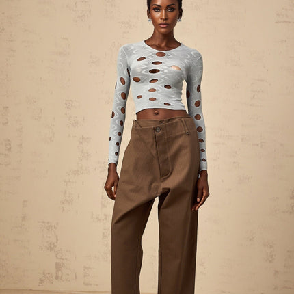 Simona Brown Wide Leg Cutout Cropped Trousers 100 Percent Cotton