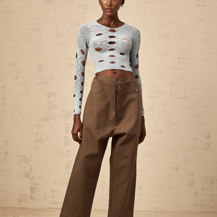 Simona Brown Wide Leg Cutout Cropped Trousers 100 Percent Cotton