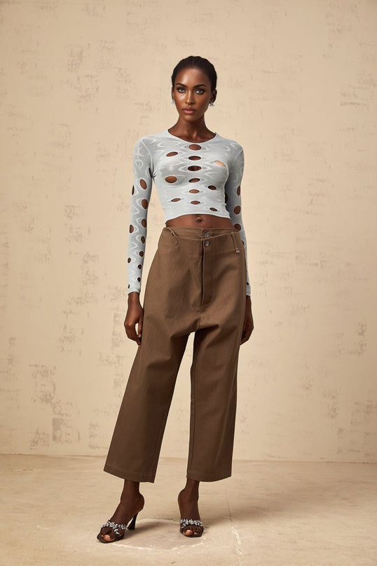 Simona Brown Wide Leg Cutout Cropped Trousers 100 Percent Cotton