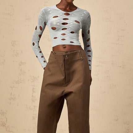 Simona Brown Wide Leg Cutout Cropped Trousers 100% Cotton