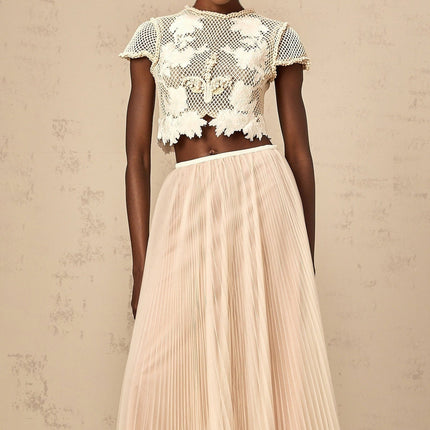 Simona Floral Appliqué Skirt & Top Set in Neutrals & White