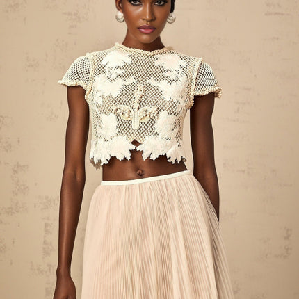 Simona Floral Appliqué Skirt & Top Set in Neutrals & White