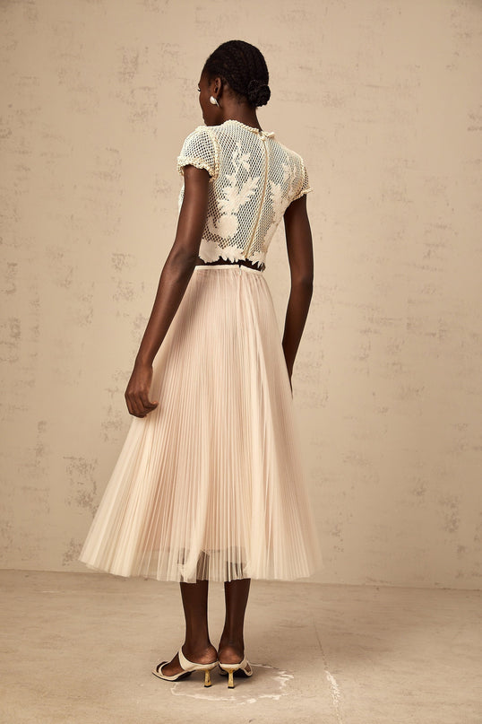 Simona Floral Appliqué Skirt & Top Set Neutrals & White