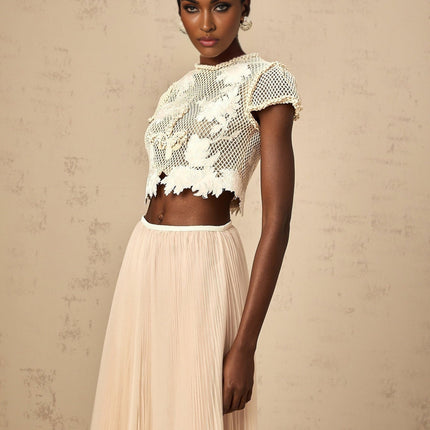 Simona Floral Appliqué Skirt & Top Set Neutrals & White