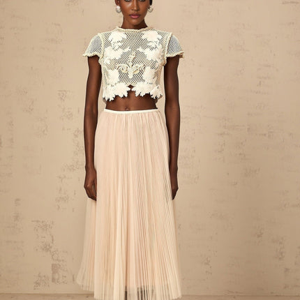 Simona Floral Appliqué Skirt & Top Set Neutrals & White