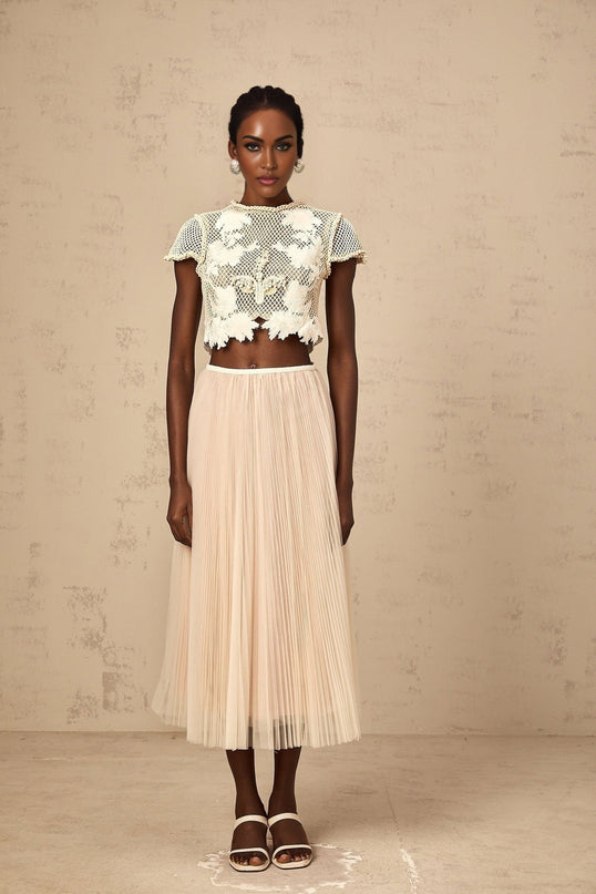 Simona Floral Appliqué Skirt & Top Set Neutrals & White