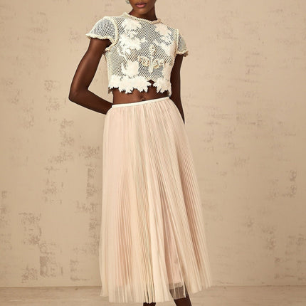 Simona Floral Appliqué Skirt & Top Set Neutrals & White