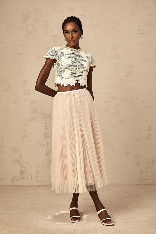 Simona Floral Appliqué Skirt & Top Set Neutrals & White