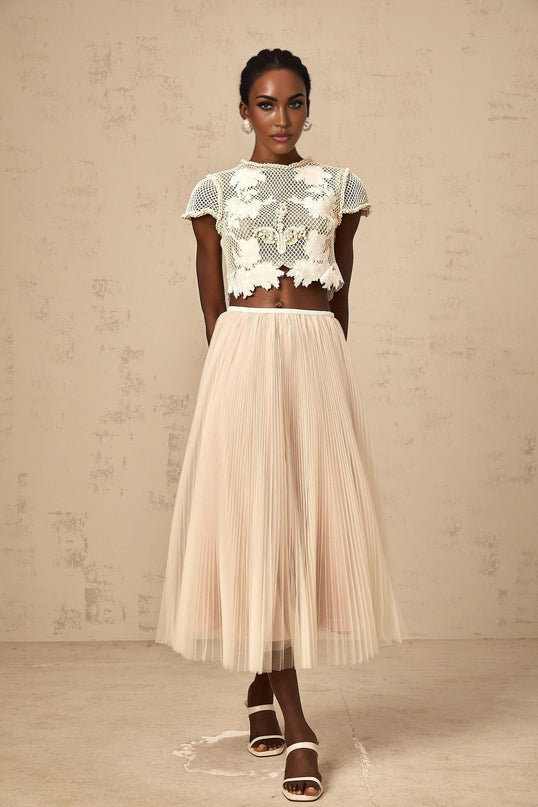 Simona Floral Appliqué Skirt & Top Set Neutrals & White