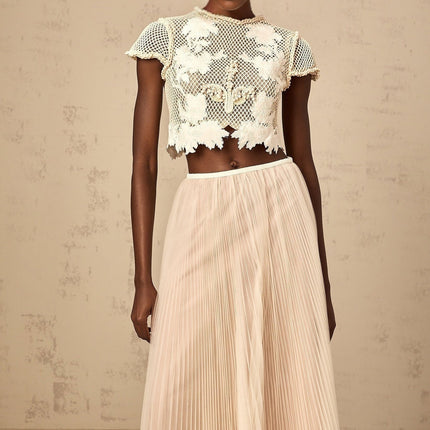 Simona Floral Appliqué Skirt & Top Set in Neutrals & White
