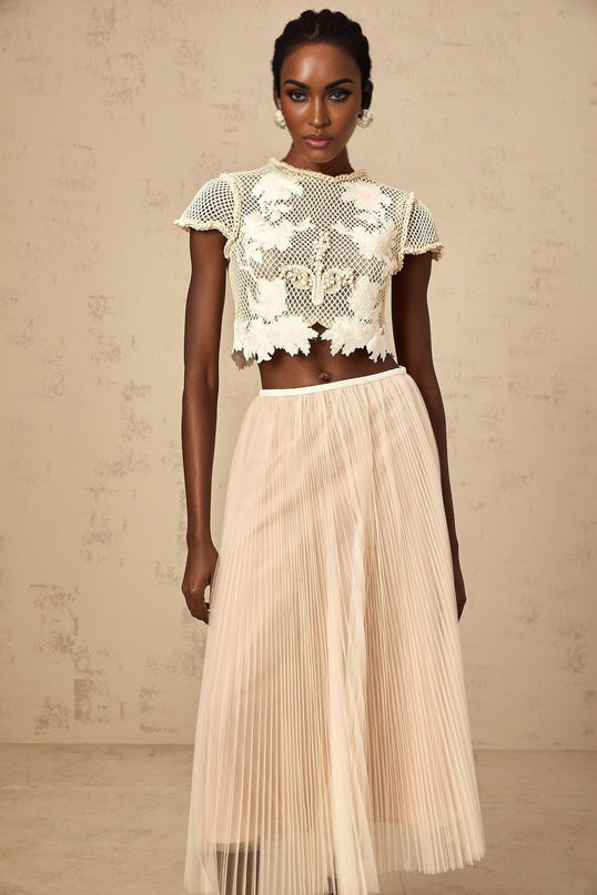 Simona Floral Appliqué Skirt & Top Set in Neutrals & White