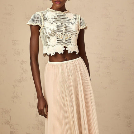 Simona Neutrals & White Floral Appliqué Skirt Top Set