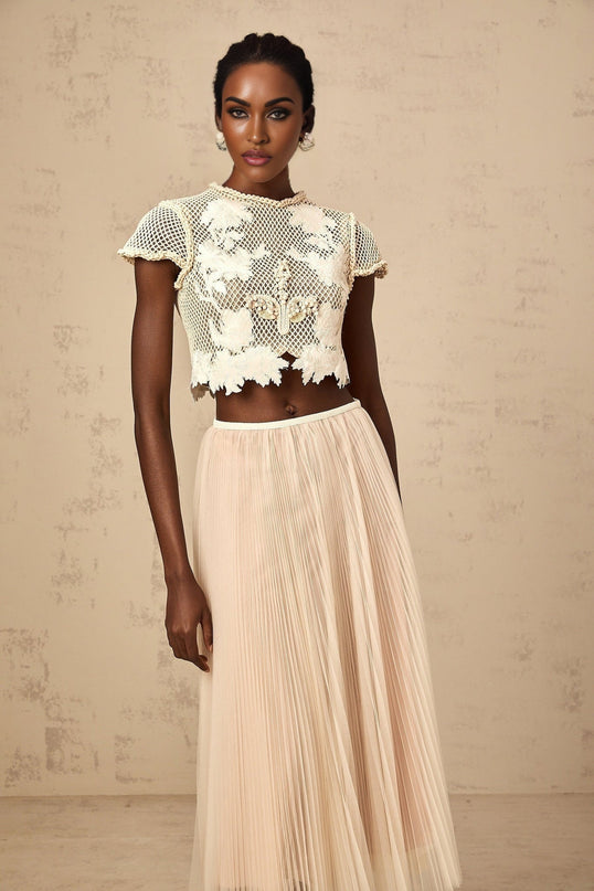 Simona Neutrals & White Floral Appliqué Skirt Top Set