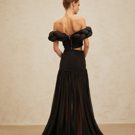 Simonetta Black Maxi Skirt with Rhinestones and Tulle Panels