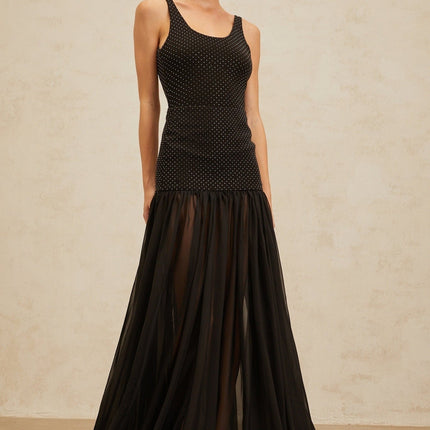 Simonetta Black Maxi Skirt with Rhinestones and Tulle Panel Details