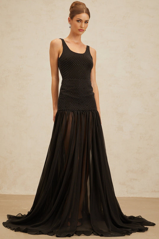 Simonetta Black Maxi Skirt with Rhinestones and Tulle Panel Details
