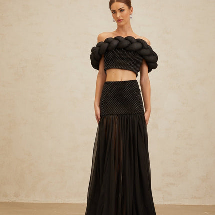 Simonetta Black Rhinestone Tulle Maxi Skirt