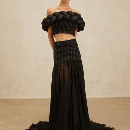 Simonetta Black Rhinestone Tulle Maxi Skirt