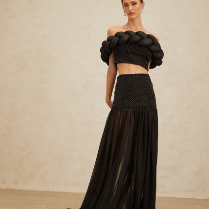 Simonetta Black Rhinestone Tulle Maxi Skirt