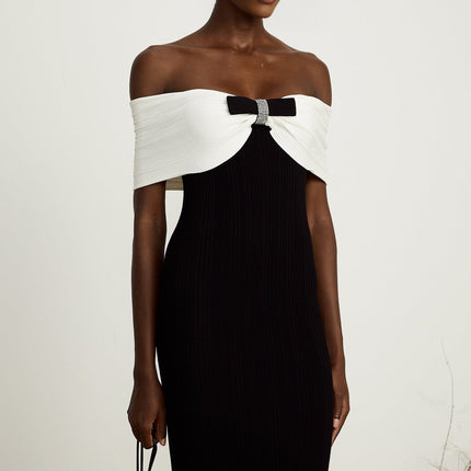 Simonetta Black and White Maxi Dress with Ribbed Knit, Bow Detailing, and Crystal Embellishments