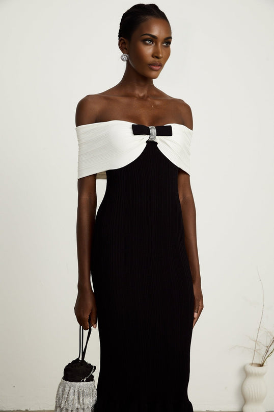 Simonetta Black and White Maxi Dress with Ribbed Knit, Bow Detailing, and Crystal Embellishments