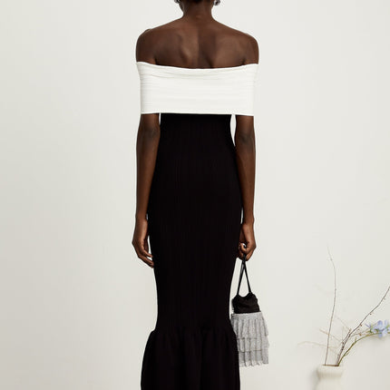 Simonetta Black and White Off-the-Shoulder Ribbed Knit Maxi Dress with Bow Detailing and Crystal Embellishments