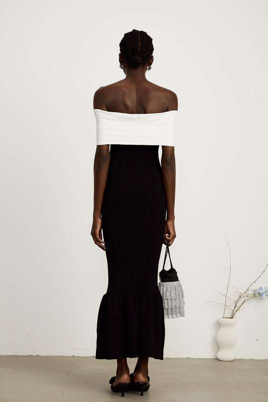Simonetta Black and White Off-the-Shoulder Ribbed Knit Maxi Dress with Bow Detailing and Crystal Embellishments