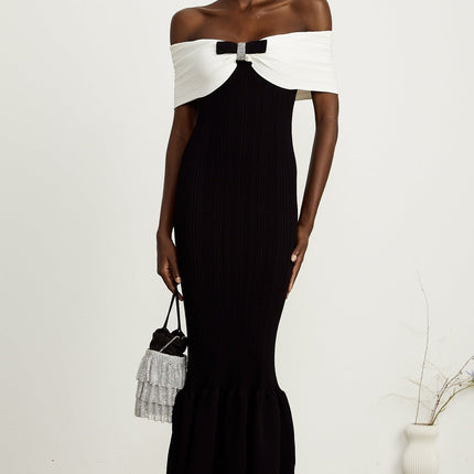 Simonetta Black and White Ribbed Knit Maxi Dress with Bow Detailing and Crystal Embellishments