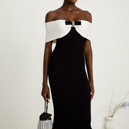Simonetta Black and White Ribbed Knit Maxi Dress with Bow Detailing and Crystal Embellishments