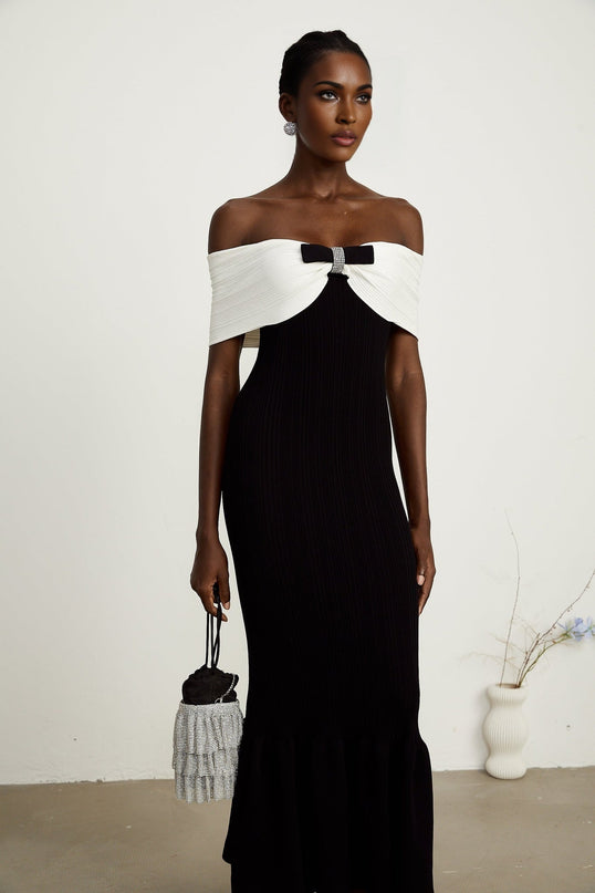 Simonetta Black and White Ribbed Knit Maxi Dress with Bow Detailing and Crystal Embellishments