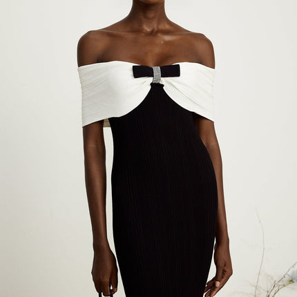 Simonetta Black and White Ribbed Knit Maxi Dress with Bow Detailing and Crystal Embellishments