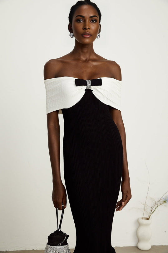 Simonetta Black and White Ribbed Knit Maxi Dress with Bow Detailing and Crystal Embellishments