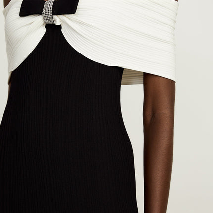 Simonetta Black and White Ribbed Knit Maxi Dress with Bow Detailing and Crystal Embellishments