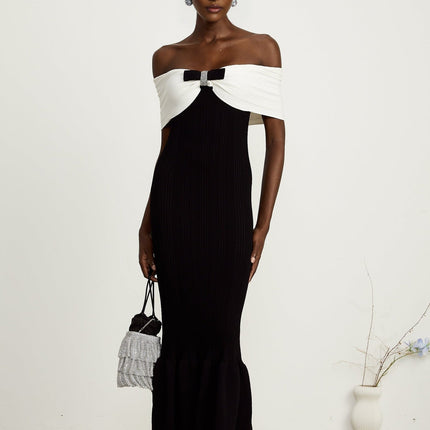 Simonetta Black and White Maxi Dress with Ribbed Knit, Bow Detailing, and Crystal Embellishments