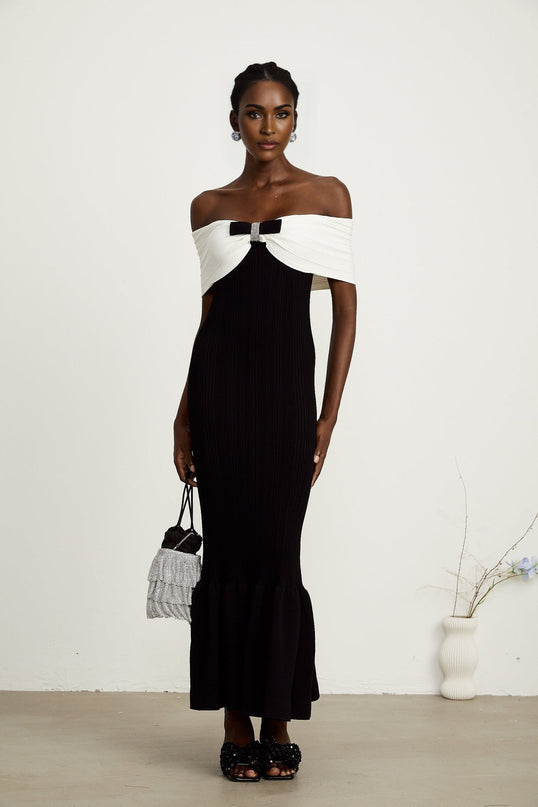 Simonetta Black and White Maxi Dress with Ribbed Knit, Bow Detailing, and Crystal Embellishments
