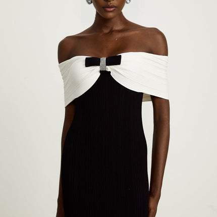 Simonetta Black and White Off-the-Shoulder Ribbed Knit Maxi Dress with Bow Detailing and Crystal Embellishments