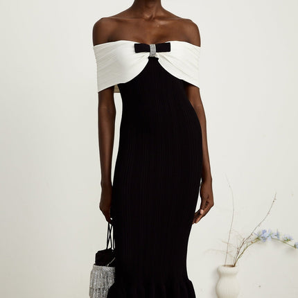 Simonetta Black and White Maxi Dress with Ribbed Knit, Bow Detailing, and Crystal Embellishments