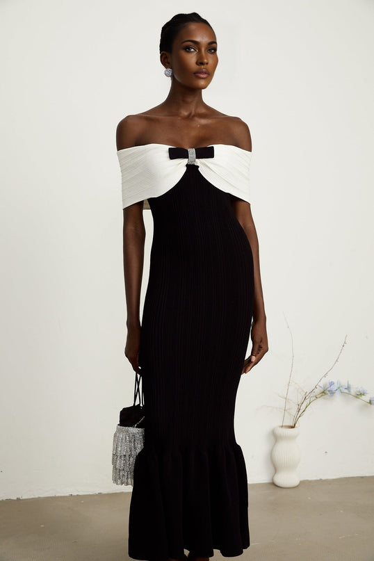 Simonetta Black and White Maxi Dress with Ribbed Knit, Bow Detailing, and Crystal Embellishments
