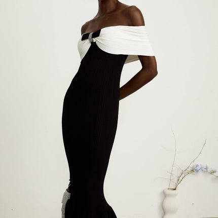 Simonetta Black and White Off-the-Shoulder Maxi Dress with Ribbed Knit and Bow Detailing