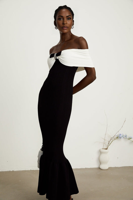 Simonetta Black and White Off-the-Shoulder Maxi Dress with Ribbed Knit and Bow Detailing